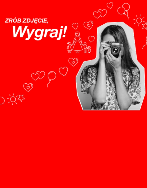 Dziewczynka z długimi włosami trzyma aparat przed twarzą na czerwonym tle z białymi sercami, balonami oraz polskim napisem zachęcającym do zrobienia zdjęcia i wygranej.