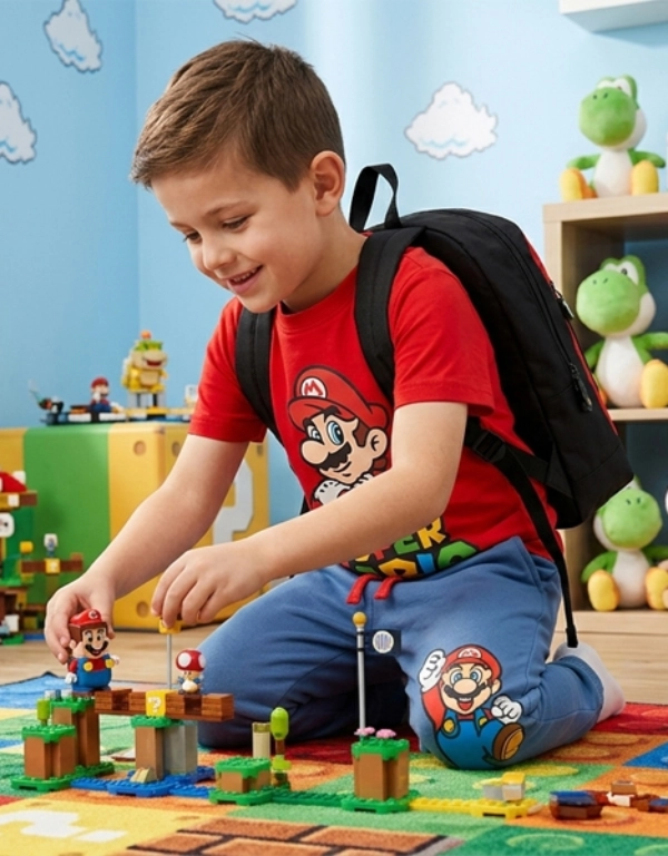 Dziecko w koszulce Super Mario i z plecakiem bawi się zabawkami Mario na kolorowej macie do zabawy w pokoju udekorowanym motywem Mario.