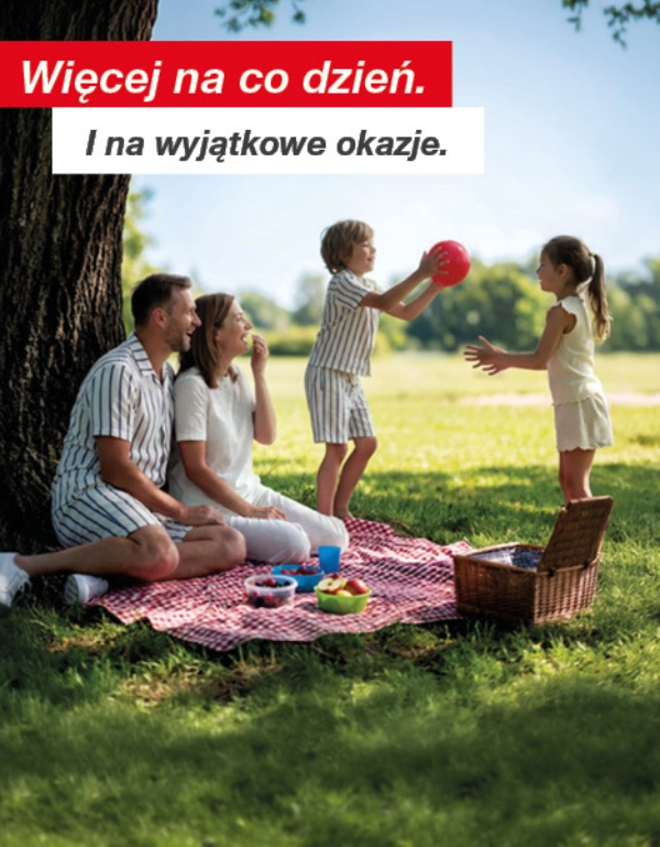 Rodzina spędza piknik pod drzewem, a dzieci bawią się piłką w słoneczny dzień.