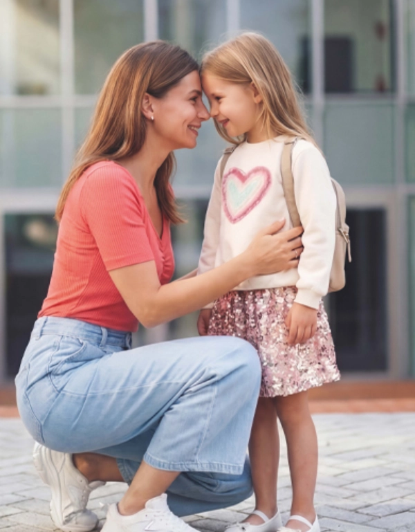 Mama czule żegna córkę przed szkołą. Dziewczynka z plecakiem z uśmiechem rozpoczyna dzień w szkole.