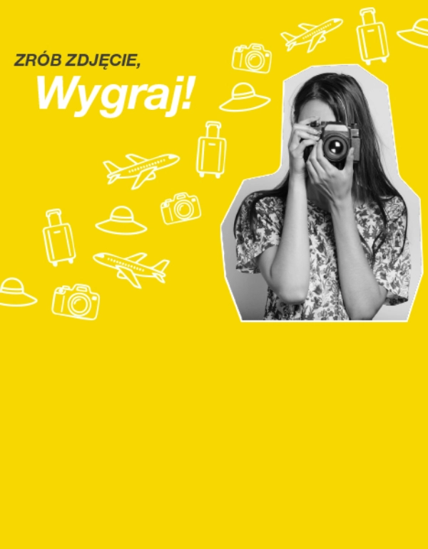 Konkurs fotograficzny myKiK z kobietą, aparatem i ilustracjami podróżniczymi na żółtym tle