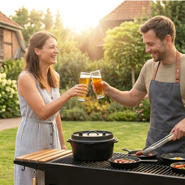 Mężczyzna i kobieta stukają się kieliszkami, stojąc przy grillu w ogrodzie z kwiatami, na tle ceglanego domu.