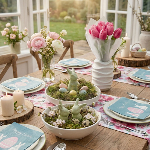 Pięknie nakryty stół jadalniany z kwiatowymi dekoracjami, świecami i pastelowymi ozdobami, skąpany w ciepłym świetle słonecznym wpadającym przez duże okna.