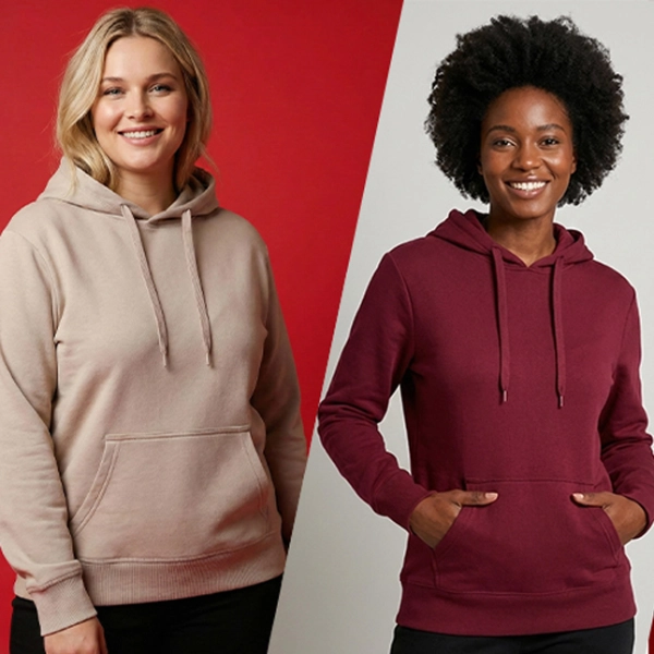 Trzy osoby stoją obok siebie na tle czerwono-białym, ubrane w bluzy z kapturem w kolorach beżowym, bordowym i oliwkowym.