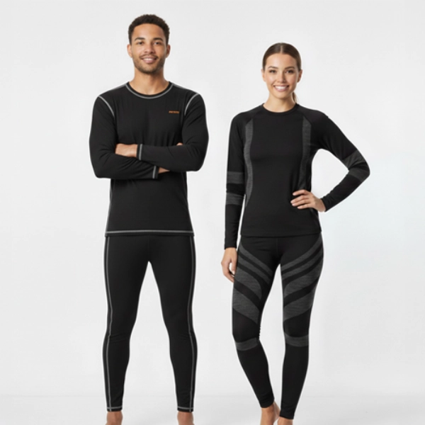 Płaska kompozycja czarno-białych kompletów bielizny, w tym biustonoszy i majtek, starannie ułożonych na czerwonym tle.