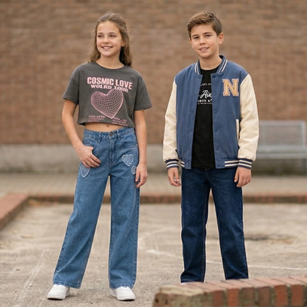 Dwoje dzieci w casualowych stylizacjach z jeansami i koszulkami w miejskim otoczeniu – wygodne i modne ubrania na co dzień i do szkoły