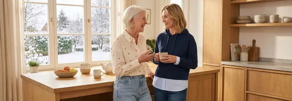 Dwie kobiety stoją w jasnej kuchni, piją ciepłe napoje i rozmawiają, a za oknem widać zimowy krajobraz.