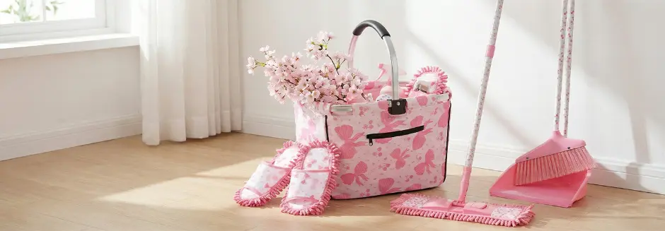 Różowy zestaw do sprzątania z mopem, miotłą, szufelką, torbą na akcesoria i kapciami do sprzątania w jasnym pomieszczeniu.