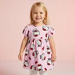 Mała dziewczynka w różowej sukience z motywem zwierząt na różowym tle. Mała dziewczynka w różowej sukience z motywem zwierząt na różowym tle.