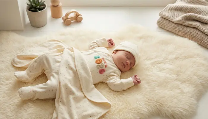 Niemowlę w jasnym pajacyku na miękkim futrze, obok koc i drewniana zabawka.