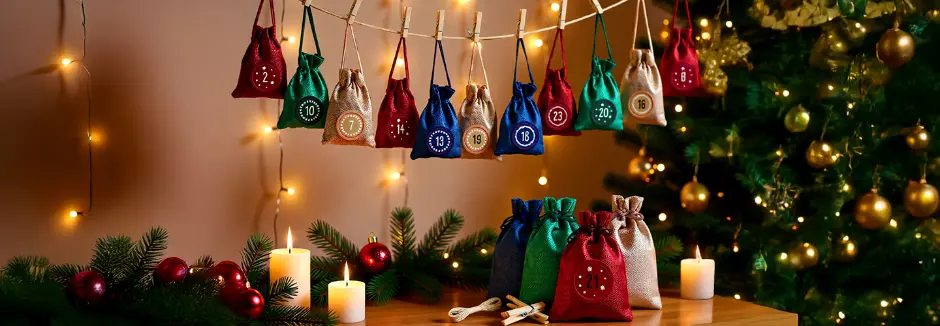 Świąteczne torebki z kalendarza adwentowego wiszą na lampkach, z świecami i ozdobami obok pięknie udekorowanej choinki.