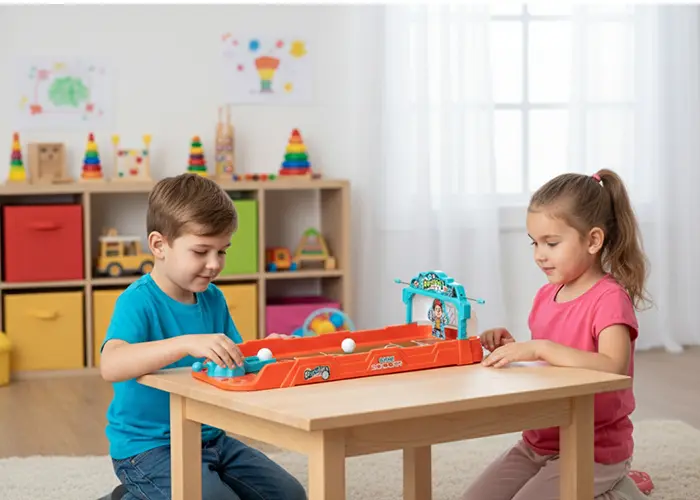 Dwoje dzieci bawi się grą stołową z torami zabawkowymi i kolorowymi kulkami w jasnym, radosnym pokoju pełnym zabawek edukacyjnych.