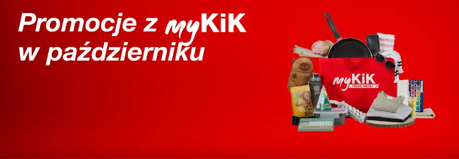 Zdjęcie reklamowe dla myKiK, które podkreśla oferty specjalne z kartą rabatową myKiK, z różnymi artykułami gospodarstwa domowego i czerwoną torbą na zakupy.