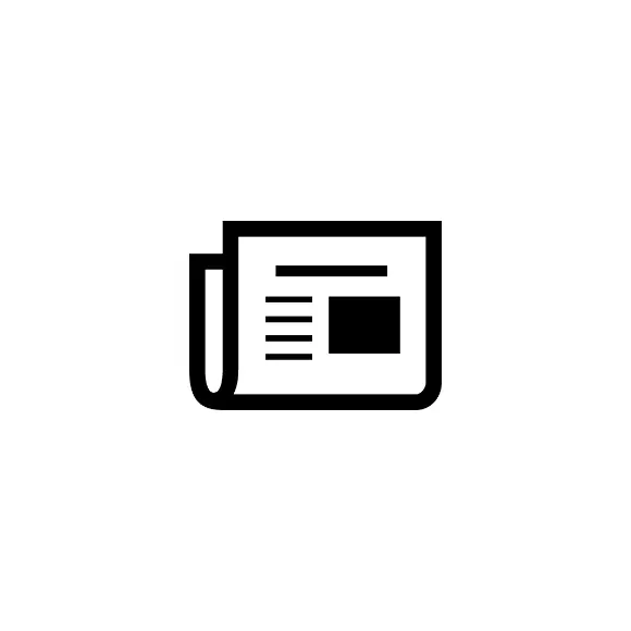 Czarno-biała ikona otwartej gazety z liniami tekstu i pustym kwadratem – symbol wiadomości i informacji.