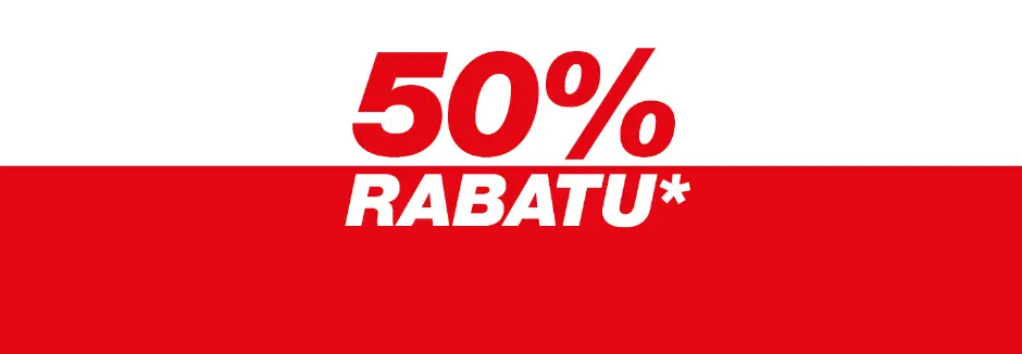 Baner promocyjny oferujący 50% zniżki na najtańszy produkt przy zakupie czterech produktów z kartą lojalnościową.