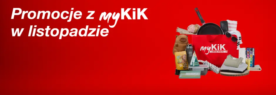 Zdjęcie reklamowe dla myKiK, które podkreśla oferty specjalne z kartą rabatową myKiK, z różnymi artykułami gospodarstwa domowego i czerwoną torbą na zakupy.