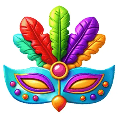 Kolorowa maska karnawałowa o ozdobnym kształcie, udekorowana kolorowymi kamieniami i pięcioma piórami w kolorach zielonym, czerwonym, żółtym, fioletowym i turkusowym