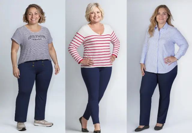 Frauen in stilvollen Outfits: ein gestreiftes T-Shirt, ein rot gestreifter Pullover und eine blau gestreifte Bluse, alle kombiniert mit marineblauen Hosen.