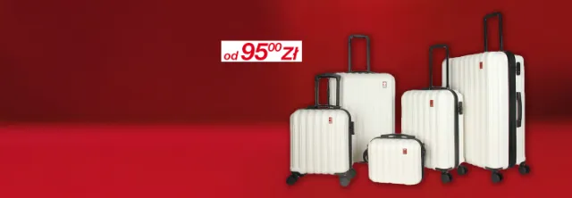 Cztery białe walizki kabinowe w różnych rozmiarach z czarnymi akcentami na intensywnie czerwonym tle.