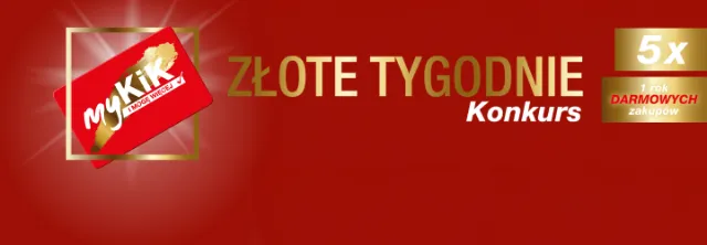Baner promocyjny „MyKiK” z konkursem „Złote tygodnie”, w którym do wygrania jest 10 nagród w postaci rocznego darmowego dostępu do zakupów.