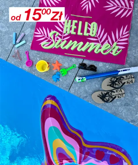 Kolorowe letnie przedmioty ułożone na macie przy basenie: zabawki, sandały, okulary przeciwsłoneczne i barwny napis „Hello Summer”.