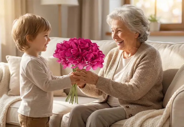 Małe dziecko wręcza starszej kobiecie bukiet intensywnie różowych kwiatów. Oboje siedzą na wygodnej kanapie w jasnym salonie.