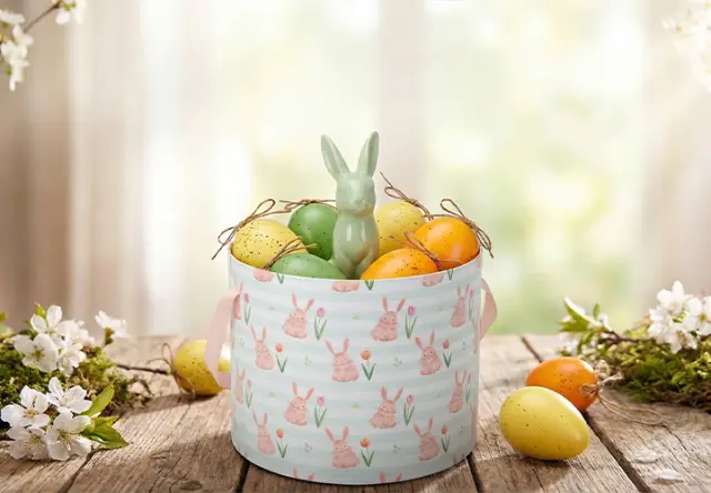 Dekoracyjny koszyk wypełniony kolorowymi pisankami i zieloną figurką zajączka, otoczony białymi kwiatami na drewnianym stole.