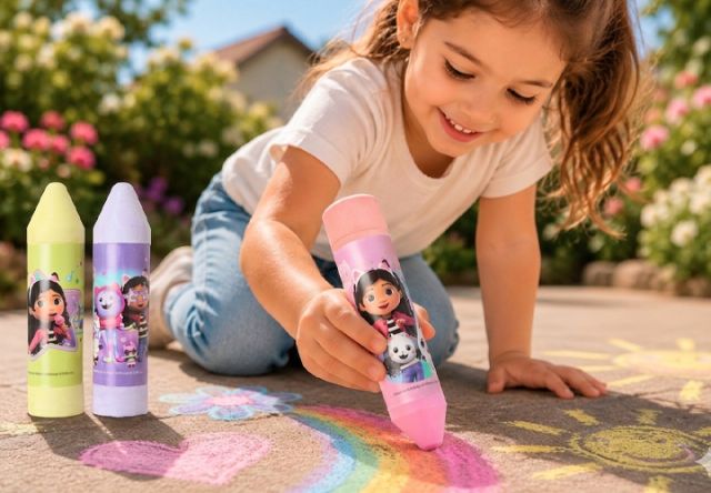Dziewczynka rysuje kolorowe obrazki na chodniku kredą Disney – kreatywna zabawa na świeżym powietrzu dla dzieci