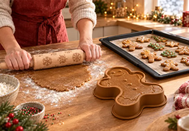 Świąteczne ciasto jest wałkowane, obok leżą pierniki i forma do pieczenia