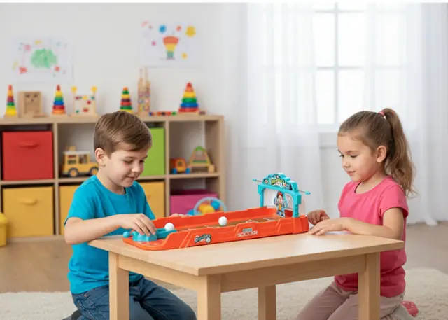 Dwoje dzieci bawi się grą stołową z torami zabawkowymi i kolorowymi kulkami w jasnym, radosnym pokoju pełnym zabawek edukacyjnych.