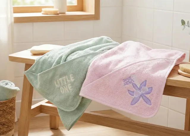 Dwa ręczniki niemowlęce, jeden zielony z haftem „Little One” oraz jeden różowy z kwiatowym wzorem, zaprezentowane na drewnianej ławce przy oknie.