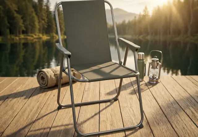 Składane krzesło kempingowe z podłokietnikami na drewnianym tarasie nad jeziorem o zachodzie słońca – idealne do wygodnego relaksu na świeżym powietrzu Składane krzesło kempingowe z podłokietnikami na drewnianym tarasie nad jeziorem o zachodzie słońca – idealne do wygodnego relaksu na świeżym powietrzu