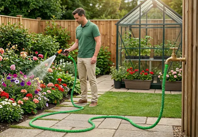 Wąż ogrodowy z pistoletem natryskowym używany do podlewania kwiatów w zadbanym ogrodzie – praktyczne akcesorium do łatwej i efektywnej pielęgnacji roślin Wąż ogrodowy z pistoletem natryskowym używany do podlewania kwiatów w zadbanym ogrodzie – praktyczne akcesorium do łatwej i efektywnej pielęgnacji roślin