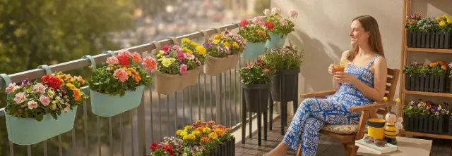Kobieta relaksuje się z napojem na balkonie wśród kolorowych skrzynek z kwiatami – tworzy przytulną i pełną życia przestrzeń do odpoczynku