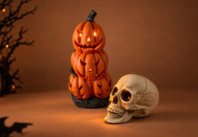 Dekoracje na Halloween ze świecącymi dyniami i czaszką Dekoracje na Halloween ze świecącymi dyniami i czaszką
