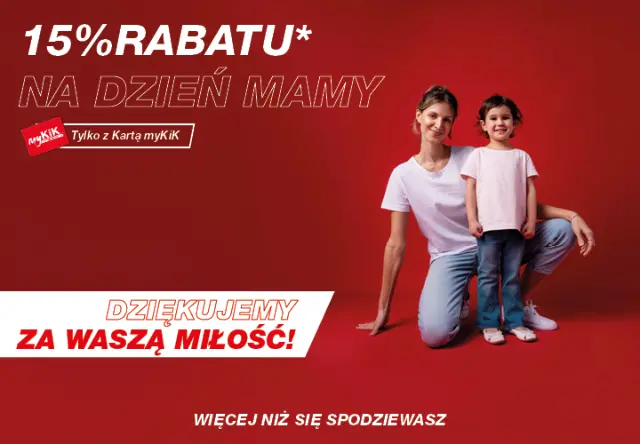 Obraz promocyjny przedstawiający rodzica i dziecko na czerwonym tle, reklamujący 15% zniżki na Dzień Matki.