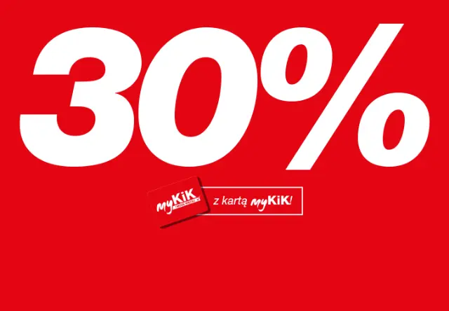 30% zniżki na odzież i akcesoria Czerwone tło z pogrubionym białym tekstem „30%” i komunikatem promocyjnym dla posiadaczy kart myKiK.