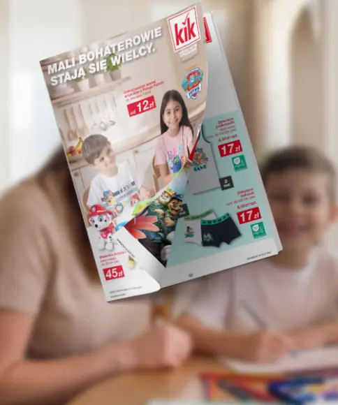 Gazetka online KiK z aktualnymi ofertami odzieży dziecięcej i PAW Patrol na tle rodziny
