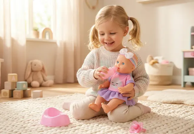 Małe dziecko z warkoczykami siedzi na dywanie i karmi lalkę butelką z zabawkami w jasnym, przytulnym pokoju.