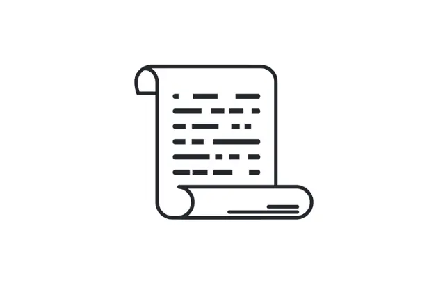 Prosty rysunek liniowy zwoju z tekstem, symbolizujący dokumenty historyczne lub zapisy pisemne.