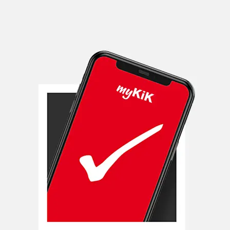 Smartfon z czerwonym ekranem blokady i czerwonym napisem „myKiK”.