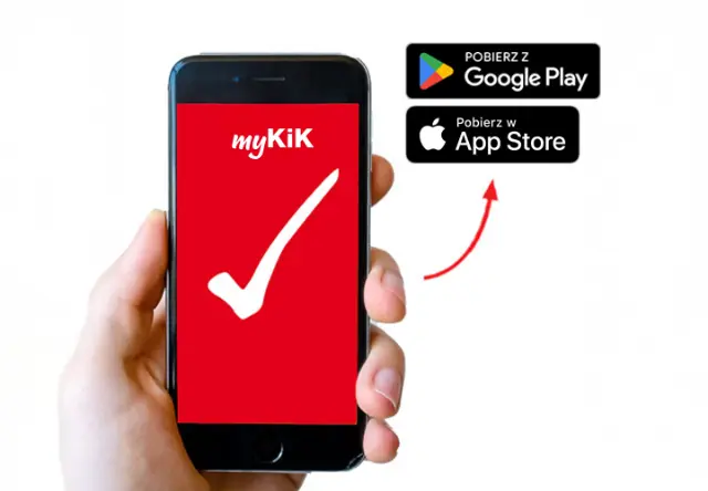 Smartfon z czerwonym ekranem blokady i białym napisem ‚myKiK‘, obok strzałka wskazująca na odznaki Google Play i App Store.