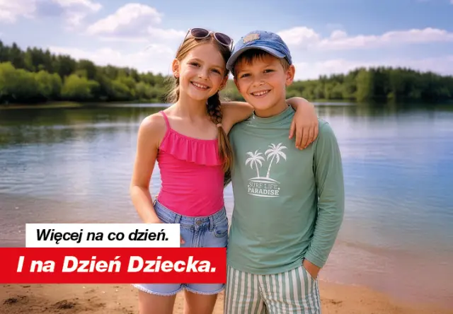Dwoje dzieci stojących ramię w ramię nad jeziorem w słoneczny dzień, z polskim napisem promującym Dzień Dziecka