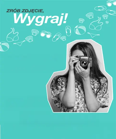 Obraz promocyjny konkursu fotograficznego przedstawiający osobę trzymającą aparat, otoczoną grafiką serca i tekstem zapraszającym do udziału.
