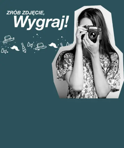 Obraz promocyjny konkursu fotograficznego przedstawiający osobę trzymającą aparat, otoczoną grafiką serca i tekstem zapraszającym do udziału.