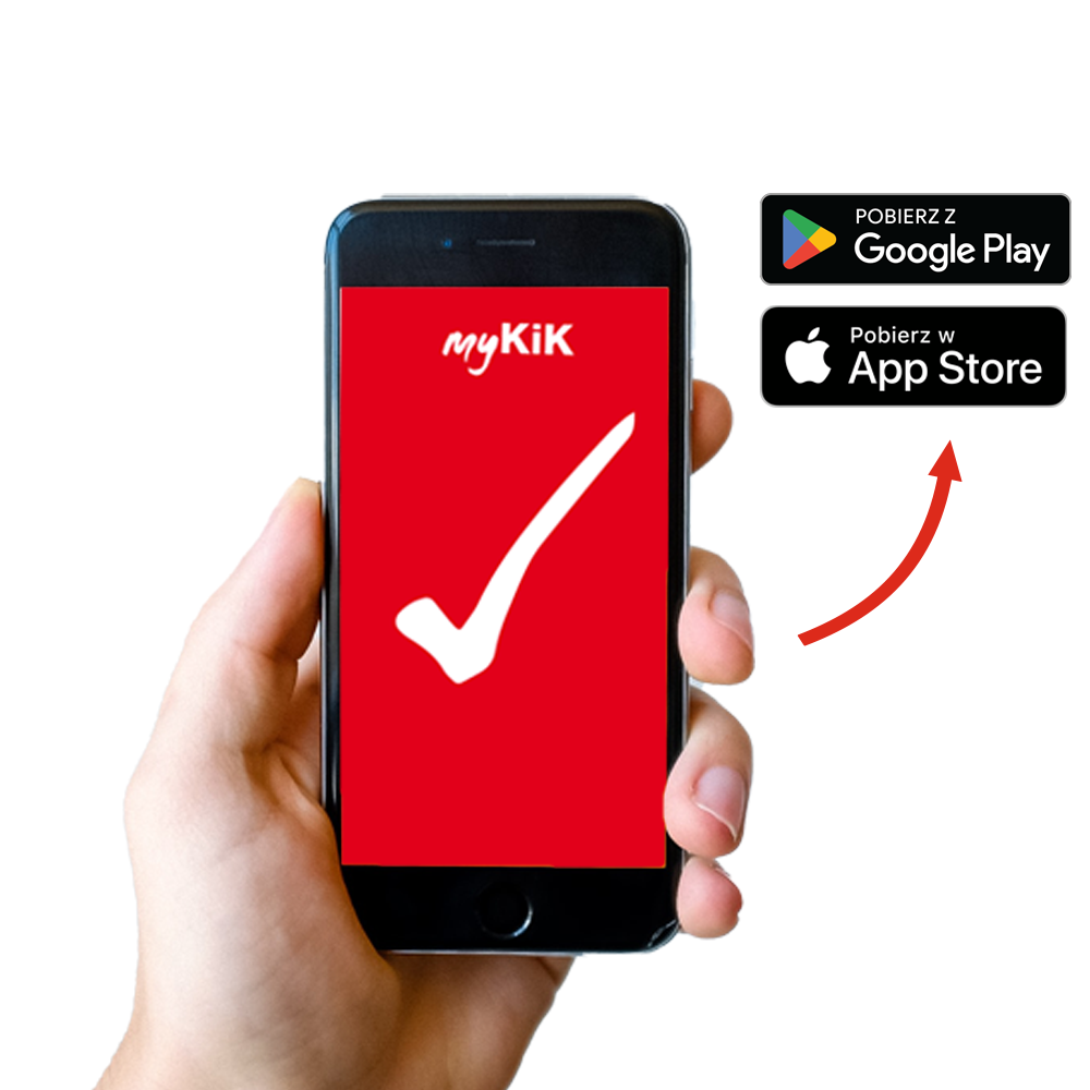 Smartfon z czerwonym ekranem blokady i białym napisem ‚myKiK‘, obok strzałka wskazująca na odznaki Google Play i App Store. Smartfon z czerwonym ekranem blokady i białym napisem ‚myKiK‘, obok strzałka wskazująca na odznaki Google Play i App Store.