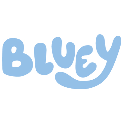 Jasnoniebieski tekst „BLUEY” napisany zabawną, zaokrągloną czcionką na białym tle.