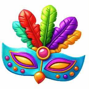 Kolorowa maska karnawałowa o ozdobnym kształcie, udekorowana kolorowymi kamieniami i pięcioma piórami w kolorach zielonym, czerwonym, żółtym, fioletowym i turkusowym