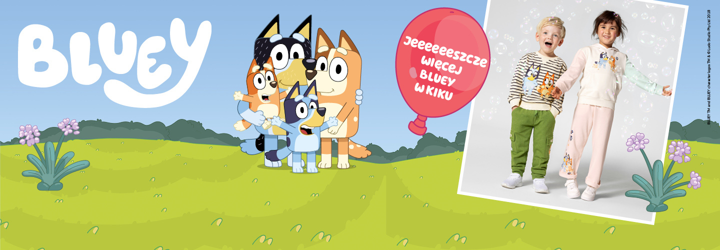 Kolorowe zdjęcie reklamowe z postaciami z serialu „Bluey” i dziećmi w zabawnych strojach na tle zielonej scenerii z kwiatami.