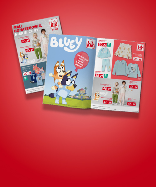 Ulotka promocyjna przedstawiająca odzież dziecięcą marki Kik, z postaciami z serialu Bluey oraz metkami z cenami w kolorze czerwonym i niebieskim na jednolitym czerwonym tle.